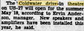 Coldwater Drive-In Theatre - 08 May 1952 Article